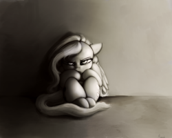Size: 2500x2000 | Tagged: safe, artist:miokomata, fluttershy, pegasus, pony, g4, against wall, curled up, female, glare, grayscale, high res, looking at you, monochrome, sitting, slouching, solo, stare, the stare
