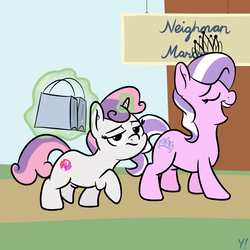 Size: 2000x2000 | Tagged: safe, artist:yakoshi, diamond tiara, sweetie belle, earth pony, pony, unicorn, g4, bag, eyes closed, female, filly, high res, looking at you, magic, open mouth, shopping bag, telekinesis