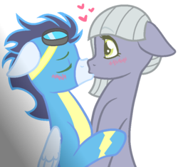 Size: 738x694 | Tagged: safe, artist:razorbladetheunicron, limestone pie, soarin', earth pony, pegasus, pony, lateverse, g4, alternate universe, base used, blushing, crack shipping, cute, duo, eyes closed, female, floppy ears, gradient background, heart, kiss on the lips, kissing, limin', love, male, mare, romance, shipping, stallion, straight, surprise kiss, surprised, wide eyes