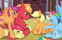 Size: 1224x798 | Tagged: safe, artist:tejedora, apple bloom, applejack, big macintosh, rainbow dash, scootaloo, g4, barn, female, lesbian, magical lesbian spawn, offspring, pregnant, ship:appledash, shipping, sweet apple acres barn