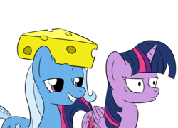 Size: 1780x1280 | Tagged: safe, artist:phat_guy, derpibooru exclusive, trixie, twilight sparkle, alicorn, pony, unicorn, g4, annoyed, anxiety, cheese, cheese hat, cheesehead, clothes, duo, food, green bay packers, grin, hat, shrunken pupils, simple background, smiling, they're just so cheesy, transparent background, trolling, twilight sparkle (alicorn), wisconsin