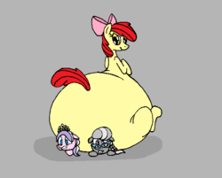 Size: 587x472 | Tagged: safe, artist:dragovian15, apple bloom, diamond tiara, silver spoon, earth pony, pony, g4, apple blob, bloated, bloom butt, bottom heavy, butt, fat, female, large butt, plot, sitting on person