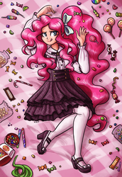 Size: 1000x1451 | Tagged: safe, artist:king-kakapo, part of a set, pinkie pie, human, g4, candy, clothes, dress, female, food, high heels, humanized, light skin, lollipop, looking at you, mary janes, pantyhose, ribbon, shoes, skirt, socks, solo, stockings, thigh highs, tongue out