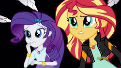 Size: 1920x1080 | Tagged: safe, screencap, rarity, sunset shimmer, equestria girls, equestria girls specials, g4, my little pony equestria girls: mirror magic, clothes, discovery family logo, duo, frightened, geode of empathy, geode of shielding, here we go again, jacket, leather jacket, magical geodes, mirror world, not again, not good, oh no, scared, uh oh, worried