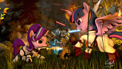 Size: 7680x4320 | Tagged: safe, artist:calveen, starlight glimmer, trixie, twilight sparkle, alicorn, pony, unicorn, g4, 3d, absurd file size, absurd resolution, at-at, battlefield, charge, clone trooper, clothes, crossover, electricity, fire, grass, jedi, laser, lightsaber, raised hoof, rock, smoke, source filmmaker, star wars, tree, twilight sparkle (alicorn), war, weapon