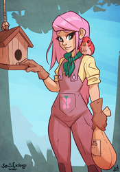 Size: 700x1000 | Tagged: safe, artist:atryl, fluttershy, bird, human, g4, 30 minute art challenge, bird house, clothes, female, gloves, humanized, overalls, solo