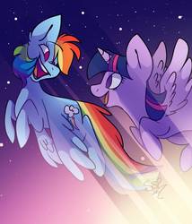Size: 1333x1555 | Tagged: safe, artist:yasmindraws, rainbow dash, twilight sparkle, alicorn, pegasus, pony, g4, duo, female, flying, looking at each other, mare, night, night sky, no pupils, sky, stars, twilight sparkle (alicorn)