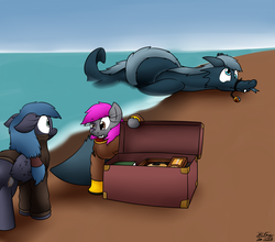 Size: 2570x2263 | Tagged: safe, artist:the-furry-railfan, oc, oc only, oc:crash dive, oc:night strike, pegasus, pony, sea serpent, bait and switch, beach, black eye, broken horn, chipped tooth, clothes, defeated, derp, diving suit, everything went better than expected, fangs, galoshes, globe, grin, happy, high res, horn, hose, jacket, proud, smiling, story included, surprised, tangled up, tied in a knot, tied up, torn clothes, trunk