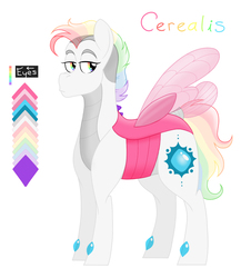 Size: 1236x1366 | Tagged: safe, artist:patchworkpupper, oc, oc only, oc:cerealis, changepony, color palette, lidded eyes, magical lesbian spawn, offspring, parent:princess celestia, parent:queen chrysalis, parents:chryslestia, rainbow eyes, rainbow hair, simple background, solo, white background