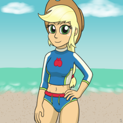 Size: 1280x1280 | Tagged: safe, artist:mkogwheel, applejack, equestria girls, equestria girls specials, g4, my little pony equestria girls: better together, my little pony equestria girls: forgotten friendship, applejack's beach shorts swimsuit, beach, belly button, clothes, female, midriff, solo, swimsuit