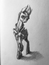 Size: 960x1280 | Tagged: safe, artist:kelpiemoonknives, tempest shadow, pony, unicorn, g4, my little pony: the movie, armor, broken horn, female, grayscale, horn, looking at you, mare, monochrome, pencil drawing, solo, traditional art