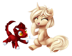 Size: 1024x787 | Tagged: safe, artist:centchi, oc, oc only, oc:krystal, dracony, hybrid, pony, unicorn, eyeshadow, female, laughing, makeup, male, mare, mother and son, simple background, tongue out, transparent background, watermark