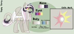 Size: 1895x883 | Tagged: safe, artist:ipandacakes, oc, oc only, oc:topsy turvy, hybrid, female, interspecies offspring, offspring, parent:discord, parent:princess celestia, parents:dislestia, reference sheet, solo