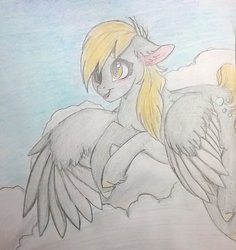 Size: 1024x1087 | Tagged: safe, artist:evergreen-gemdust, derpy hooves, pegasus, pony, g4, cloud, female, floppy ears, solo, traditional art