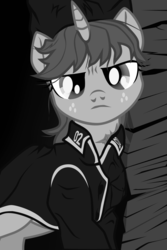 Size: 1457x2176 | Tagged: safe, artist:aaronmk, oc, oc only, oc:littlepip, pony, unicorn, fallout equestria, anarchism, anarchy, black and white, bust, clothes, coat, fanfic, fanfic art, female, grayscale, hat, horn, jumpsuit, mare, monochrome, nestor mahkno, ponified, portrait, scar, solo, ukraine, ukrainian free territory, vault suit