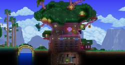 Size: 1280x659 | Tagged: safe, artist:twitchykismet, g4, game screencap, golden oaks library, mountain, pixel art, ponyville, scenery, terraria, tree, twilight's lab