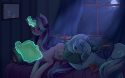 Size: 4535x2834 | Tagged: safe, artist:kimberlys-habitation, starlight glimmer, trixie, pony, unicorn, g4, bed, book, curved horn, duo, glowing horn, horn, lying down, magic, moon, moonlight, night, pillow, reading, telekinesis, trixie's wagon, yawn