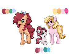 Size: 4112x2952 | Tagged: safe, artist:mississippikite, oc, oc only, oc:cinnamon spice, oc:honey sweet, oc:strawberry cream, earth pony, pony, bow, color palette, female, filly, hair bow, offspring, parent:cheese sandwich, parent:pinkie pie, parents:cheesepie, simple background, sisters, white background