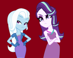 Size: 850x672 | Tagged: safe, artist:furrydiva, starlight glimmer, trixie, equestria girls, g4, base used, clothes, dress, red background, simple background, vest