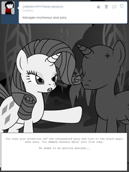 Size: 600x800 | Tagged: safe, artist:dekomaru, rarity, pony, unicorn, tumblr:ask twixie, g4, anon pony, ask, diamondstuck, everfree forest, monochrome, tumblr