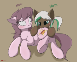 Size: 2790x2227 | Tagged: safe, artist:orang111, oc, oc only, oc:hot dogger, oc:lynn, pony, biting, blushing, butt bite, cute, duo, female, heck, high res, mare, nom, ocbetes, simple background, surprised