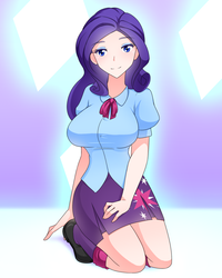 Size: 1601x2000 | Tagged: safe, artist:jonfawkes, rarity, human, g4, breasts, busty rarity, clothes, clothes swap, cutie mark on clothes, equestria girls outfit, female, humanized, implied lesbian, implied rarilight, implied shipping, kneeling, smiling, solo