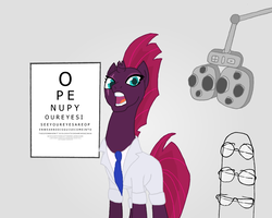 Size: 1280x1024 | Tagged: safe, artist:hakar-kerarmor, fizzlepop berrytwist, tempest shadow, pony, unicorn, g4, my little pony: the movie, broken horn, clothes, doctor, erasure, eye chart, eye exam, eye scar, female, glasses, horn, lab coat, lyrics, mare, necktie, oculist, open mouth, open up your *very* eyes, open up your eyes, ophthalmologist, scar, solo, song in the comments, song reference