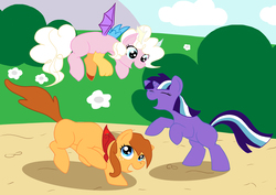 Size: 4961x3508 | Tagged: safe, artist:teengirl, oc, oc only, oc:appleseed, oc:surprize, oc:twinkle star, earth pony, pony, unicorn, artifact, blank flank, female, filly, interspecies offspring, magical lesbian spawn, offspring, parent:applejack, parent:caramel, parent:discord, parent:pinkie pie, parent:trixie, parent:twilight sparkle, parents:carajack, parents:discopie, parents:twixie