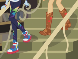 Size: 2048x1536 | Tagged: safe, screencap, applejack, rainbow dash, equestria girls, fluttershy's butterflies, g4, my little pony equestria girls: better together, boots, clothes, converse, cowboy boots, legs, pictures of legs, shoes, sneakers, stairs
