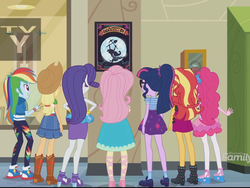 Size: 2048x1536 | Tagged: safe, screencap, applejack, fluttershy, pinkie pie, rainbow dash, rarity, sci-twi, sunset shimmer, twilight sparkle, equestria girls, fluttershy's butterflies, g4, my little pony equestria girls: better together, my little pony equestria girls: choose your own ending, converse, dazzled, female, humane five, humane seven, humane six, mane six, poster, rear view, shoes