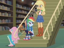 Size: 2048x1536 | Tagged: safe, screencap, applejack, fluttershy, rainbow dash, butterfly, equestria girls, fluttershy's butterflies, fluttershy's butterflies: applejack, g4, my little pony equestria girls: better together, boots, bracelet, clothes, converse, cowboy boots, female, geode of super speed, geode of super strength, hand on hip, jewelry, library, magical geodes, sandals, shoes, sneakers, stairs, standing up, wristband