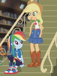 Size: 1536x2048 | Tagged: safe, screencap, applejack, rainbow dash, equestria girls, fluttershy's butterflies, g4, my little pony equestria girls: better together, boots, bracelet, clothes, converse, cowboy boots, female, freckles, geode of super speed, geode of super strength, jewelry, library, magical geodes, shoes, sneakers, stairs, wristband