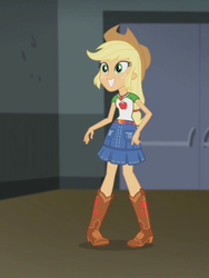 Size: 1536x2048 | Tagged: safe, screencap, applejack, equestria girls, fluttershy's butterflies, fluttershy's butterflies: applejack, g4, my little pony equestria girls: better together, boots, cowboy boots, female, freckles, geode of super strength, shoes, smiling, solo
