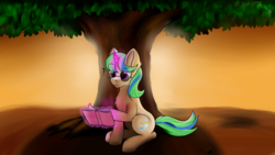 Size: 2560x1440 | Tagged: safe, artist:lunar froxy, oc, oc only, oc:crescent, pony, unicorn, book, confused, female, mare, sitting, solo, sunset, tree