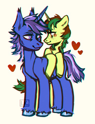 Size: 1754x2280 | Tagged: safe, artist:i-s-a-a-k, oc, oc only, oc:chipstone, oc:northern spring, pony, unicorn, duo, eye contact, female, freckles, heart, looking at each other, male, shipping