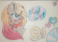 Size: 1024x734 | Tagged: safe, artist:emilunika, oc, oc only, pony, donut, female, food, mare, solo, traditional art, watermark