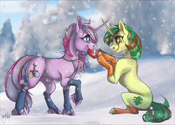 Size: 3500x2500 | Tagged: safe, artist:casynuf, oc, oc only, oc:honningbrew, oc:northern spring, pony, unicorn, clothes, duo, eye contact, female, heart, heart necklace, high res, jewelry, looking at each other, necklace, simple background, snow, snowfall, socks, unshorn fetlocks