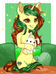 Size: 1600x2120 | Tagged: safe, artist:moonrabbit, oc, oc only, oc:northern spring, rabbit, unicorn, semi-anthro, face of mercy, female, heart, heart pillow, pillow, plushie, sitting, solo, sparkles, stars