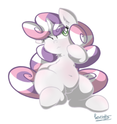Size: 1100x1165 | Tagged: safe, artist:patoriotto, pony, unicorn, belly button, chubbie belle, chubby, cute, diasweetes, female, filly, one eye closed, simple background, sitting, solo, weapons-grade cute, white background