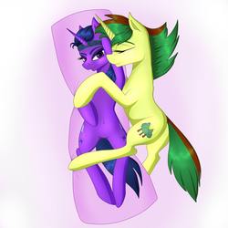 Size: 3000x3000 | Tagged: safe, artist:alicekvartersson, oc, oc only, oc:neyla, oc:northern spring, pony, unicorn, belly button, body pillow, butt, duo, female, freckles, headband, high res, hug, implied shipping, on back, pillow, pillow hug, plot