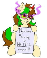 Size: 1364x1697 | Tagged: safe, artist:dimvitrarius, oc, oc only, oc:northern spring, curved horn, dark magic, exploitable, female, glowing eyes, green eyes, grumpy, horn, magic, not for sexual, sign, sitting, solo