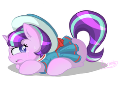 Size: 1414x1000 | Tagged: safe, artist:patoriotto, snowfall frost, starlight glimmer, pony, unicorn, g4, butt, clothes, crying, dress, female, filly, filly starlight glimmer, plot, prone, raised tail, solo, tail, younger