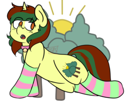 Size: 820x650 | Tagged: safe, artist:tayartsstuff, oc, oc only, oc:northern spring, pony, unicorn, clothes, collar, female, looking back, open mouth, simple background, socks, solo, striped socks, transparent background