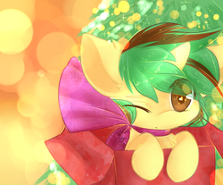 Size: 928x767 | Tagged: safe, artist:fluffire, oc, oc only, oc:northern spring, pony, unicorn, bow, christmas, cute, female, holiday, one eye closed, present, ribbon, simple background, solo, sparkles