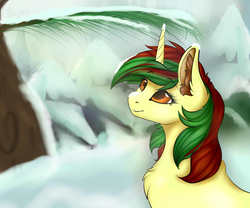 Size: 3606x3000 | Tagged: safe, artist:ondrea, oc, oc only, oc:northern spring, pony, unicorn, female, forest, high res, looking up, simple background, snow, snow on nose, solo