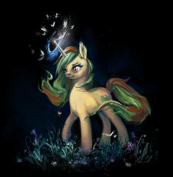 Size: 1805x1849 | Tagged: safe, artist:lara, oc, oc only, oc:northern spring, butterfly, pony, unicorn, beautiful, dark, dark background, female, flower, freckles, glowing horn, horn, magic, solo