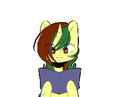 Size: 1024x776 | Tagged: safe, artist:madconey, oc, oc only, oc:northern spring, pony, unicorn, animated, book, eyes closed, female, freckles, heart, looking at you, reading, simple background, solo, transparent background