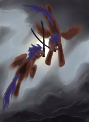 Size: 1408x1920 | Tagged: safe, artist:k, oc, oc only, oc:nimble wing, pegasus, pony, clone, cloud, crossed swords, duo, fight, flying, katana, male, simple background, spread wings, sword, weapon, wings