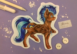 Size: 2590x1836 | Tagged: safe, artist:shadie, oc, oc only, oc:nimble wing, pegasus, pony, glowing necklace, irl, jewelry, looking up, male, necklace, photo, solo, spread wings, traditional art, wings