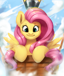 Size: 1600x1900 | Tagged: safe, artist:moondreamer16, fluttershy, pegasus, pony, g4, bust, cloud, cute, female, happy, hot air balloon, looking at you, looking down, mare, shyabetes, sky, smiling, solo, spread wings, wings